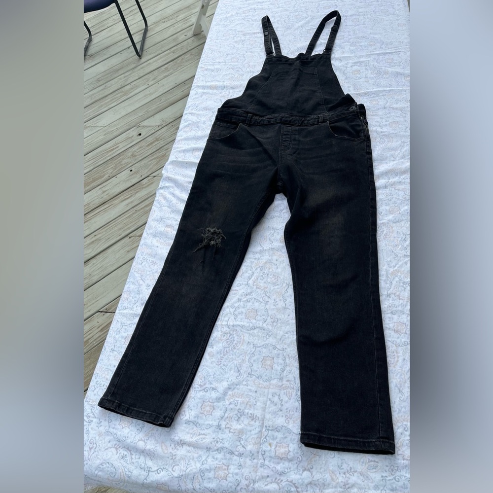 Zara Black Denim Overalls with Distressed Detail